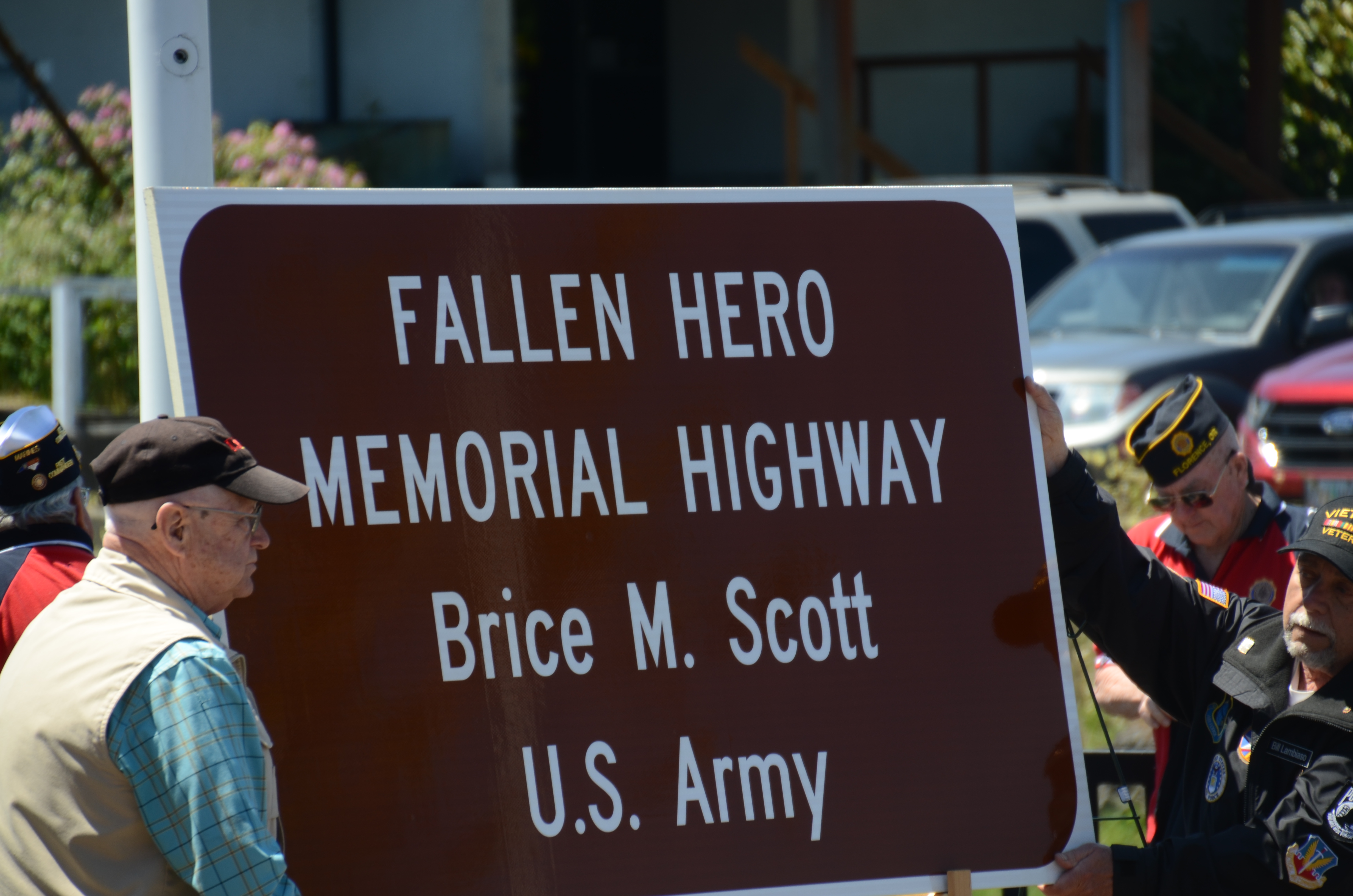 Comemoration of Hwy 101 Road Sign honoring Brice Scott who died in Afganistan